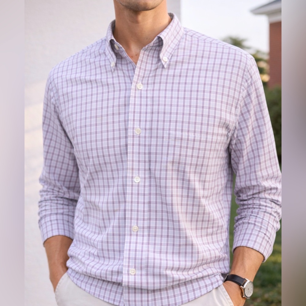 Brooks Brothers 1818 Non-Iron Button-Down L/S White w/Wine & Blue Checked Men S